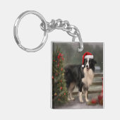 Border Collie Hond in Sneeuw Kerstmis Sleutelhanger (Voorkant Links)