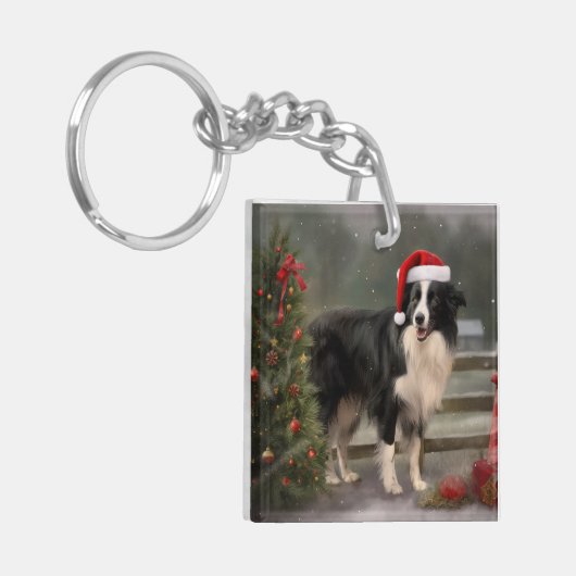Border Collie Hond in Sneeuw Kerstmis Sleutelhanger (Voorkant Links)