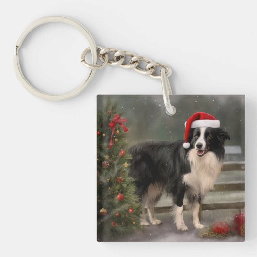 Border Collie Hond in Sneeuw Kerstmis Sleutelhanger (Voorkant)