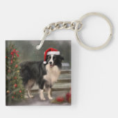 Border Collie Hond in Sneeuw Kerstmis Sleutelhanger (Achterkant)
