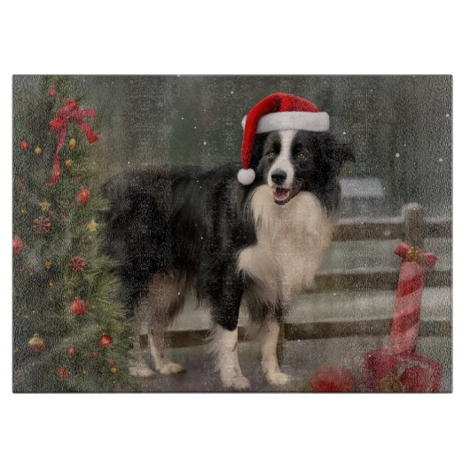 Border Collie Hond in Sneeuw Kerstmis Snijplank (Voorkant)
