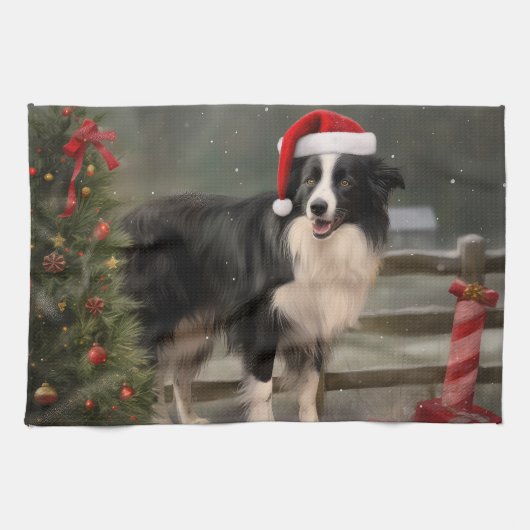 Border Collie Hond in Sneeuw Kerstmis Theedoek (Horizontaal)