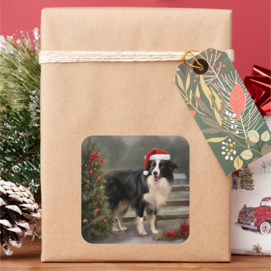 Border Collie Hond in Sneeuw Kerstmis Vierkante Sticker (Feestdagen)