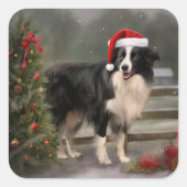 Border Collie Hond in Sneeuw Kerstmis Vierkante Sticker (Voorkant)