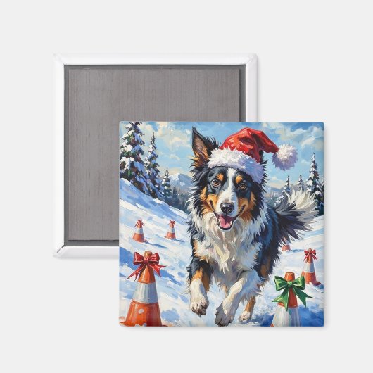 Border Collie Hond Kerst Sneeuw Agility Pret Magneet (Voorkant / Achterkant)
