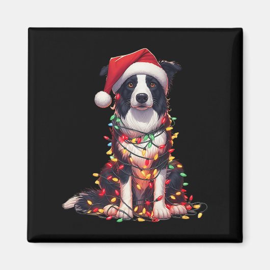 Border Collie Hond Kerstverlichting Kerstman Hoed Magneet (Voorkant)