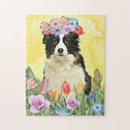 Border Collie Hond met Bloemen Lente Legpuzzel (Verticaal)