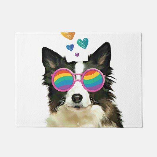 Border Collie Hond met Harten Valentijnsdag Deurmat (Voorkant)