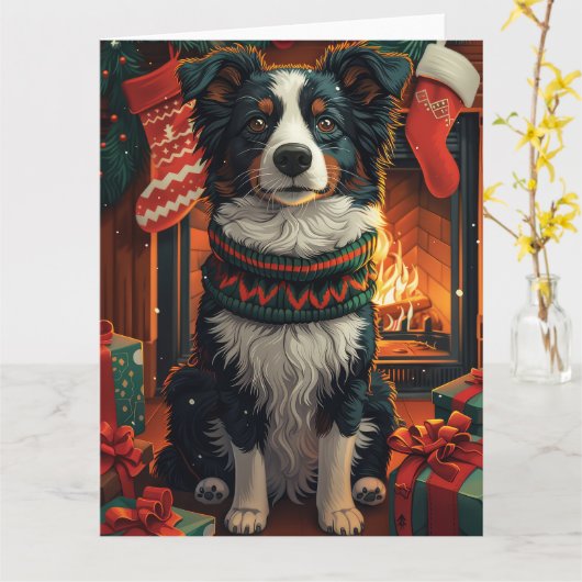 Border Collie Hond met Kerstcadeaus Open Haard Kaart (Gele Bloem)