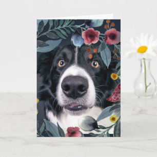 Border Collie-hond met waterverf roze bloem Kaart
