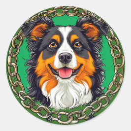 Border collie hond op een groene achtergrond met k ronde sticker