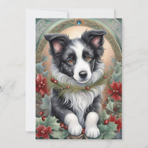 Border Collie Hond Poinsettias Holly Kerstmis Feestdagenkaart