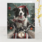 Border Collie Hond Rijden Motorfiets Kerstmis Kaart (Gele Bloem)
