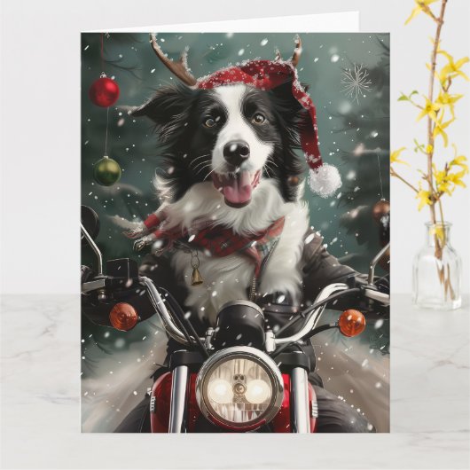 Border Collie Hond Rijden Motorfiets Kerstmis Kaart (Gele Bloem)