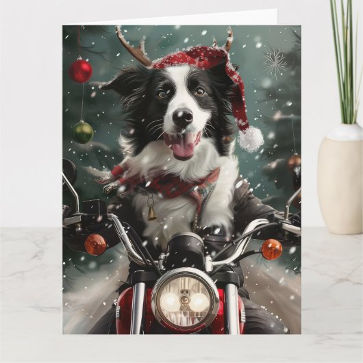 Border Collie Hond Rijden Motorfiets Kerstmis Kaart (Voorkant)