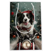 Border Collie Hond Rijden Motorfiets Kerstmis Medium Cadeauzakje (Voorkant)