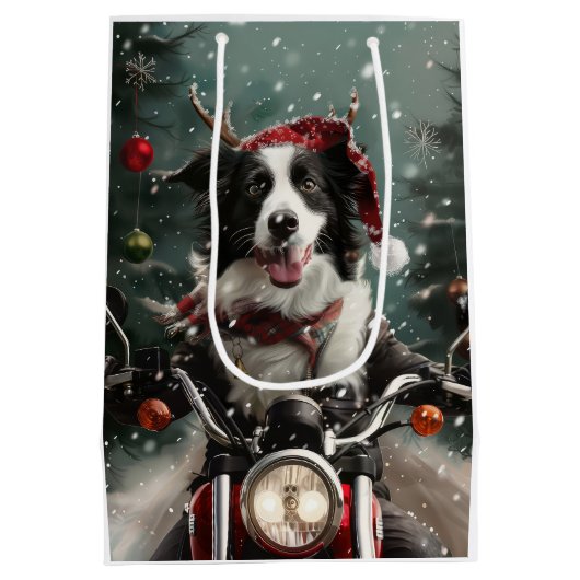 Border Collie Hond Rijden Motorfiets Kerstmis Medium Cadeauzakje (Achterkant)