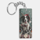 Border Collie Hond Rijden Motorfiets Kerstmis Sleutelhanger (Voorkant Links)