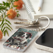 Border Collie Hond Rijden Motorfiets Kerstmis Sleutelhanger (Voorkant Rechts)