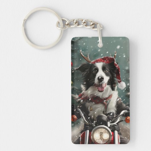 Border Collie Hond Rijden Motorfiets Kerstmis Sleutelhanger (Voorkant)