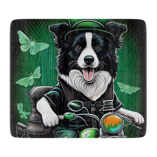 Border Collie-hond rijdt op fiets St. Patrick's Da Snijplank (Voorkant)