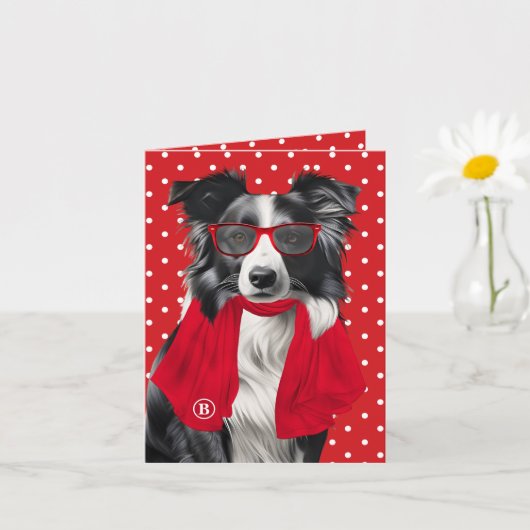 Border Collie Hond Rode Stippen Monogram Kaart (Kleine Plant)
