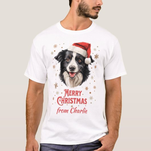 Border Collie Hond Santa Vrolijk Kerstfeest T-shirt (Voorkant)