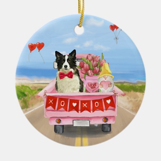 Border Collie Hond Valentijnsdag Truck Harten  Keramisch Ornament (Voorkant)