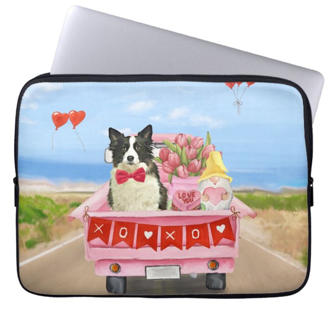 Border Collie Hond Valentijnsdag Truck Hartjes Laptop Sleeve (Voorkant)