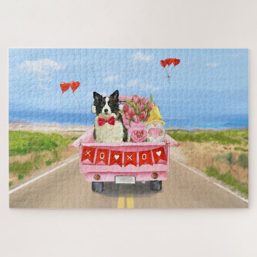 Border Collie-hond Valentijnsdag vrachtwagen harte Legpuzzel (Horizontaal)