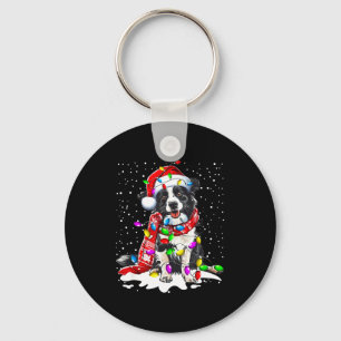 Border Collie Hond Verlichte Kerstman Hoed Kerstmi Sleutelhanger
