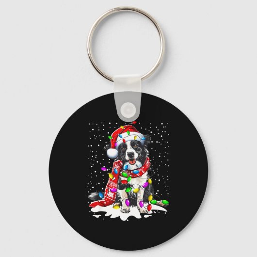 Border Collie Hond Verlichte Kerstman Hoed Kerstmi Sleutelhanger (Voorkant)