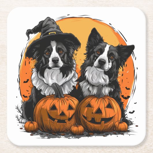 Border Collie Honden Halloween Jack O Lanterns Kartonnen Onderzetters (Voorkant)
