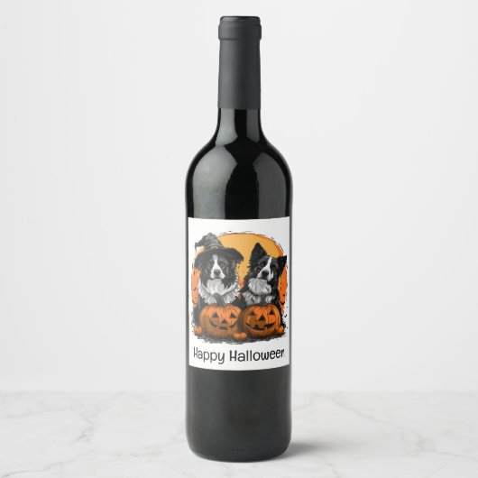 Border Collie Honden Halloween Jack O Lanterns Wijn Etiket (Voorkant)
