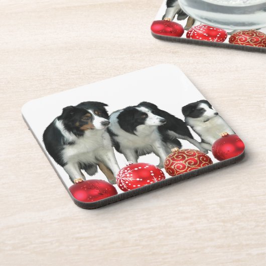 Border Collie Honden met Rode Kerstmis Ornamenten Onderzetter (Linkerzijde)