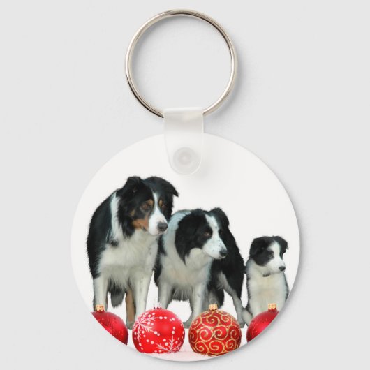 Border Collie Honden met Rode Kerstmis Ornamenten Sleutelhanger (Voorkant)