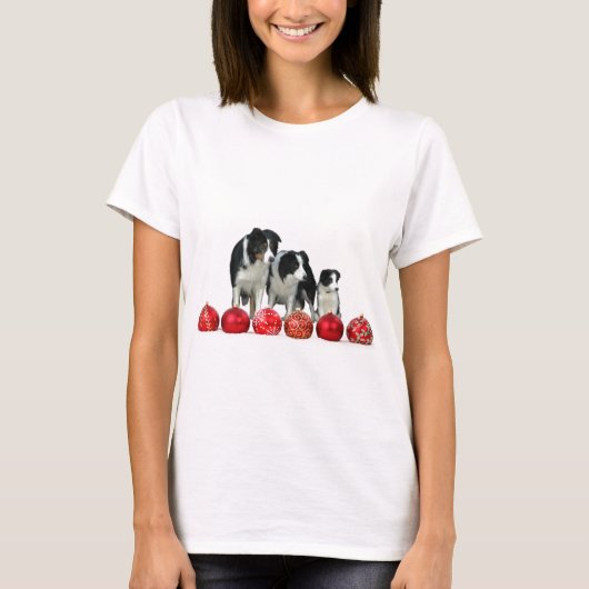 Border Collie Honden met Rode Kerstmis Ornamenten T-shirt (Voorkant)
