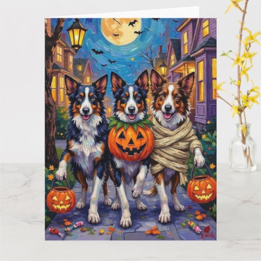 Border Collie Honden Trick-or-Treating in Hallowee Kaart (Gele Bloem)