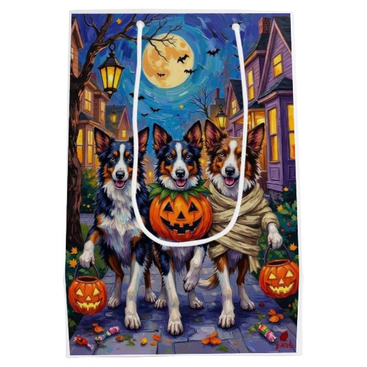 Border Collie Honden Trick-or-Treating in Hallowee Medium Cadeauzakje (Achterkant)