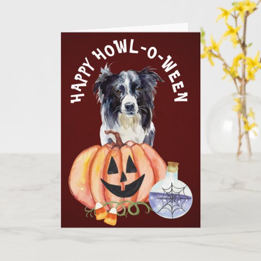 Border Collie Howl-o-Ween Groet Kaart (Gele Bloem)