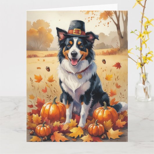 Border Collie in Autumn verlaat Thanksgiving Kaart (Gele Bloem)