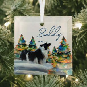 Border Collie in besneeuwde winterbos Kerstboom Glas Ornament