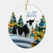 Border Collie in besneeuwde winterbos Kerstboom Keramisch Ornament (Links)