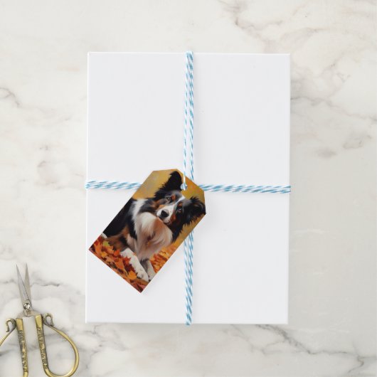 Border Collie in de herfst laat Herfst inspireren Cadeaulabel (Met Touw)
