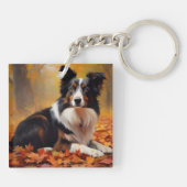 Border Collie in de herfst laat Herfst inspireren Sleutelhanger (Achterkant)