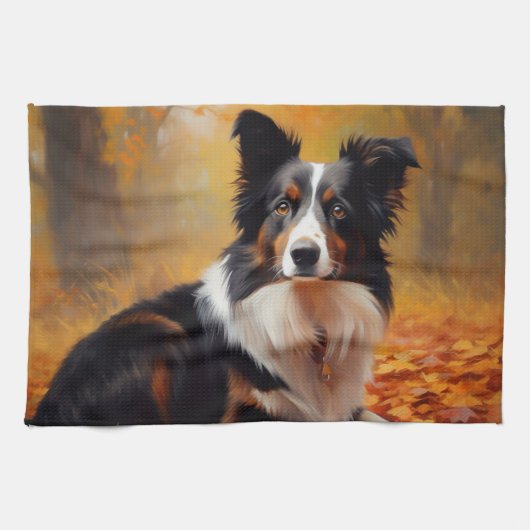 Border Collie in de herfst laat Herfst inspireren Theedoek (Horizontaal)