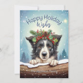 Border Collie in een rustiek sneeuwbos Feestdagenkaart (Voorkant)