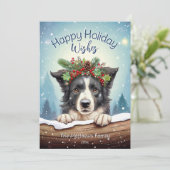 Border Collie in een rustiek sneeuwbos Feestdagenkaart (Staand voorkant)