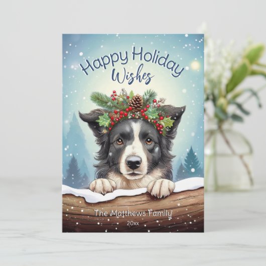 Border Collie in een rustiek sneeuwbos Feestdagenkaart (Staand voorkant)