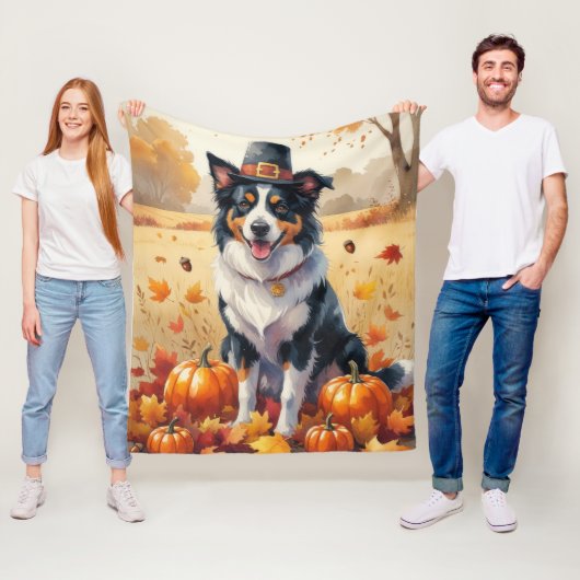 Border Collie in Herfstbladeren Thanksgiving Kunst Fleece Deken (In situ)
